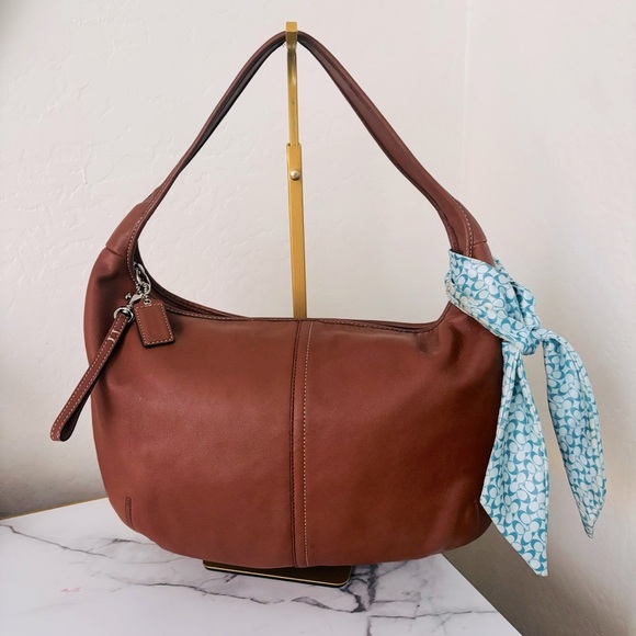 Coach Brown Hobo Bag with Blue Scarf Accent - Picture 1 of 11